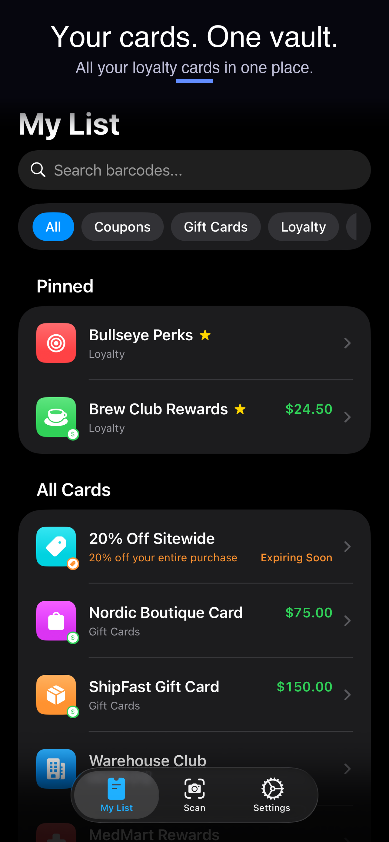 ScannedList vault showing loyalty and gift cards on iPhone